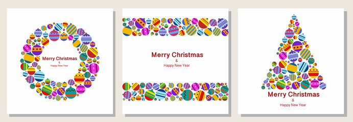 a set of square postcards from Christmas tree toys. The shape of the Christmas tree, rings and stripes on a white background.