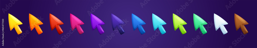 Poster colorful arrows, mouse cursors for computer game and ui design. vector cartoon set of glossy pointer