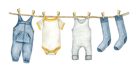 Watercolor illustration of baby boy washed clothes.  Isolated clipart element on white background.