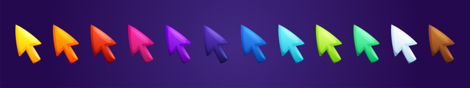 Colorful arrows, mouse cursors for computer game and ui design. Vector cartoon set of glossy pointers, cute arrow buttons and icons for user interface isolated on blue background