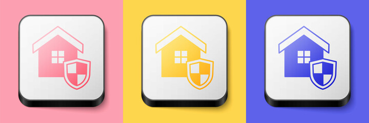 Isometric House with shield icon isolated on pink, yellow and blue background. Insurance concept. Security, safety, protection, protect concept. Square button. Vector