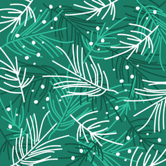 Naklejka na ściany i meble Stylized fir branches and snow flakes on a green background. Abstract new year pattern.