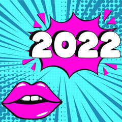 2022 comic speech bubble New Year. Holiday illustration. Retro comic speech bubble with colorful halftone shadow. Number 2022 text for New Year. Vector illustration, vintage design, pop art style.