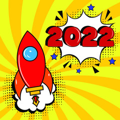 2022 comic speech bubble New Year. Holiday illustration. Retro comic speech bubble with colorful halftone shadow. Number 2022 text for New Year. Vector illustration, vintage design, pop art style.