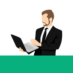 Businessman on a computer. Laptop IT technician. Suit man checking email. Character Vector illustration.