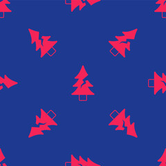 Red Tree icon isolated seamless pattern on blue background. Forest symbol. Vector