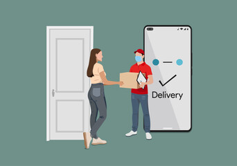 Home delivery advertising flyer. Online order package handover person. Covid safety measures. Mobile phone payment. Character Vector illustration.