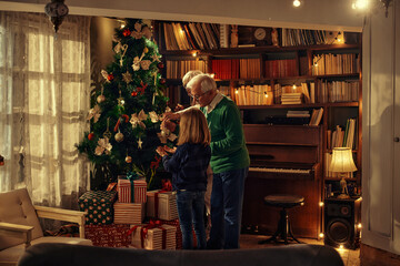 Grandparents and child decorating Christmas tree