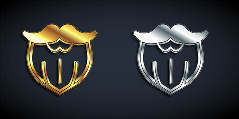 Gold and silver Mustache and beard icon isolated on black background. Barbershop symbol. Facial hair style. Long shadow style. Vector