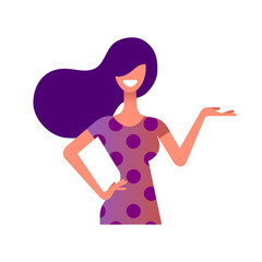 Presenting pose girl figure. Happy woman smile. Slim lady in a dress. Faceless avatar. Character Vector illustration.