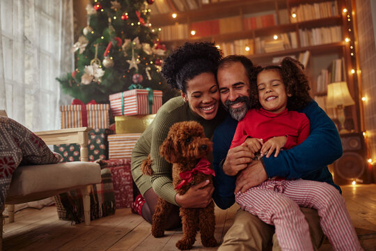 Mixed race family celebrating Christmas at home