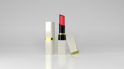 Trendy lipstick mock up set with black, gold and white caps. Sexy red color. Makeup cosmetic ads. 3d rendering.