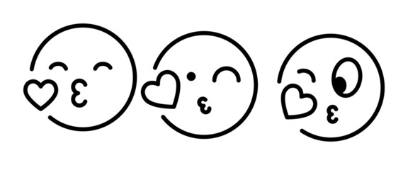 kissing mouth icon, emoticon face blowing a kiss icon, with heart illustration, editable stroke, flat design style isolated on white