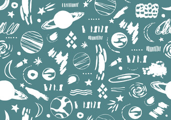 Seamless pattern with cosmic objects planets, stars, comets. Vector illustration for different designs, gift boxes, prints, wallpaper, wrapping paper.