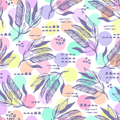 Tropical trendy seamless pattern with hand drawn branches.