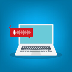 Voice message chat notification or audio podcast notification. Bubble speech on laptop screen. Vector illustration	