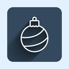 White line Christmas ball icon isolated with long shadow background. Merry Christmas and Happy New Year. Blue square button. Vector