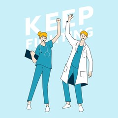 Fototapeta na wymiar Doctor or medical staff characters cheer up. Healthcare and medical concept. Hand draw style. Vector illustration.