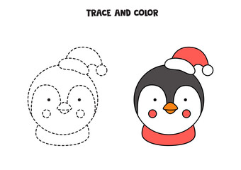 Trace and color cute penguin. Worksheet for kids.