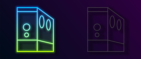 Glowing neon line Case of computer icon isolated on black background. Computer server. Workstation. Vector