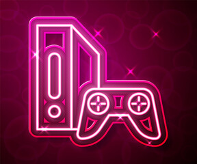 Glowing neon line Video game console with joystick icon isolated on red background. Vector