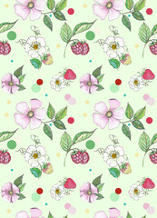 Decorative background with flowers and rosehip leaves, strawberries and raspberries. Material for printing on paper or fabric. Watercolour.
