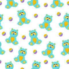 Seamless pattern with toys for children. Illustration, a bear toy on a white background.