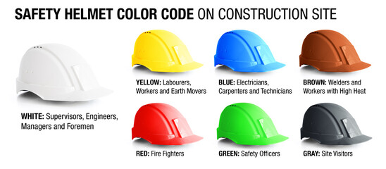 Safety helmet color code on construction site. Hard hats with labels in different colors isolated...