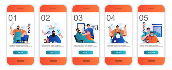 Barbershop concept onboarding screens for mobile app templates. Hairdresser shaves and cares beard. Modern UI, UX, GUI screens user interface kit with people scenes for web design. Vector illustration