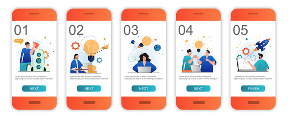 Fototapeta premium Business startup concept onboarding screens for mobile app templates. Success launch new project. Modern UI, UX, GUI screens user interface kit with people scenes for web design. Vector illustration