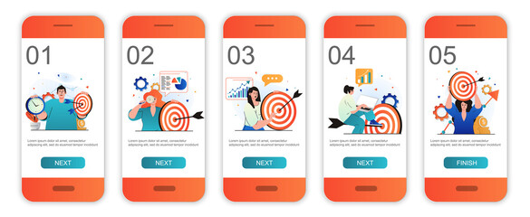 Fototapeta premium Business target concept onboarding screens for mobile app templates. Targeting, marketing success. Modern UI, UX, GUI screens user interface kit with people scenes for web design. Vector illustration