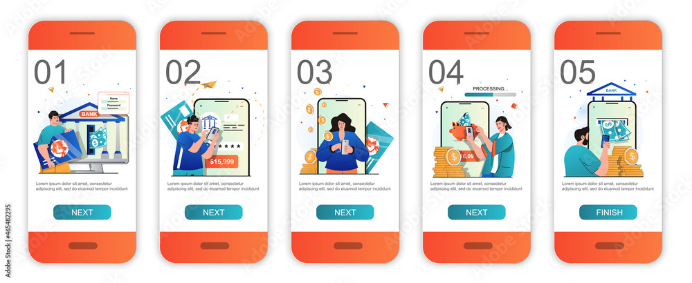 Poster Mobile banking concept onboarding screens for mobile app templates. Online payment, accounting. Modern UI, UX, GUI screens user interface kit with people scenes for web design. Vector illustration
