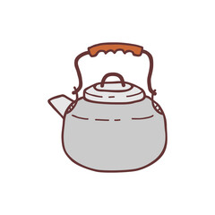 Hand drawn camping kettle, tea pot, sketch colored vector illustration. Camping separate icon, colorful doodle image. Element for using in design, packing, textile, logo.