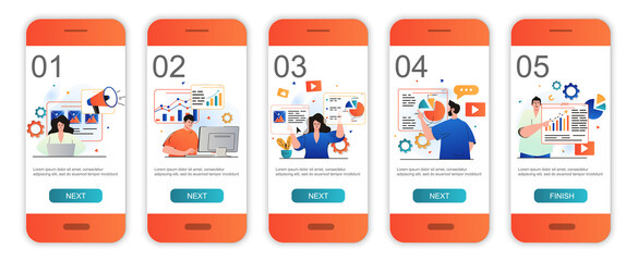 Marketing concept onboarding screens for mobile app templates. Business promotion, data analysis. Modern UI, UX, GUI screens user interface kit with people scenes for web design. Vector illustration