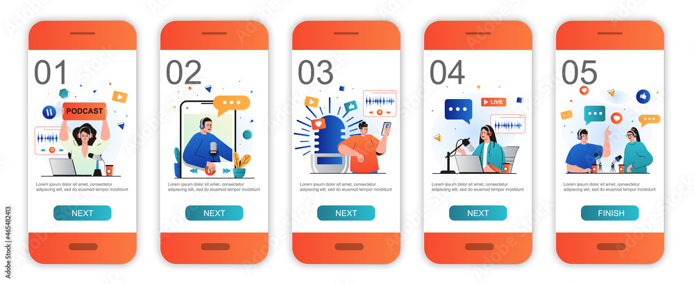 Aufkleber Podcast streaming concept onboarding screens for mobile app templates. Presenters record podcasts. Modern UI, UX, GUI screens user interface kit with people scenes for web design. Vector illustration