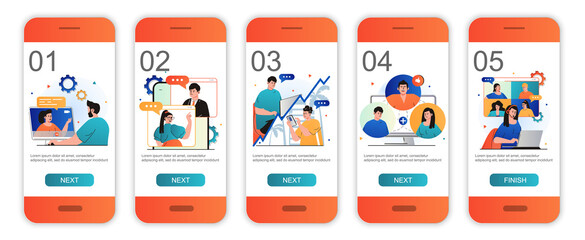 Video chatting concept onboarding screens for mobile app templates. Online meeting communication. Modern UI, UX, GUI screens user interface kit with people scenes for web design. Vector illustration