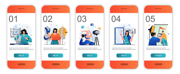 Women working concept onboarding screens for mobile app templates. Female different professions. Modern UI, UX, GUI screens user interface kit with people scenes for web design. Vector illustration