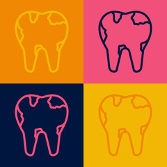 Pop art line Broken tooth icon isolated on color background. Dental problem icon. Dental care symbol. Vector