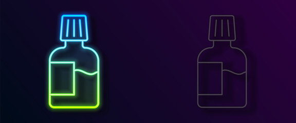 Glowing neon line Mouthwash plastic bottle icon isolated on black background. Liquid for rinsing mouth. Oralcare equipment. Vector