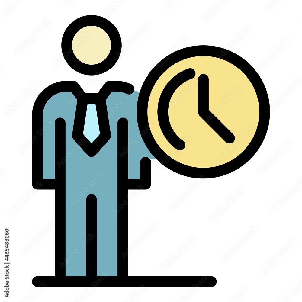 Poster man and clock icon. outline man and clock vector icon color flat isolated