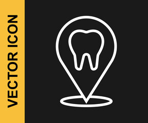 White line Dental clinic location icon isolated on black background. Vector