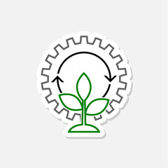 Gears and plant sticker icon with glyph style isolated on white background