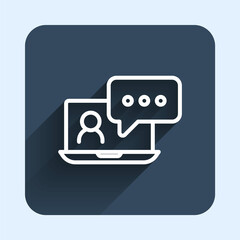 White line Video chat conference icon isolated with long shadow background. Online meeting work form home. Remote project management. Blue square button. Vector