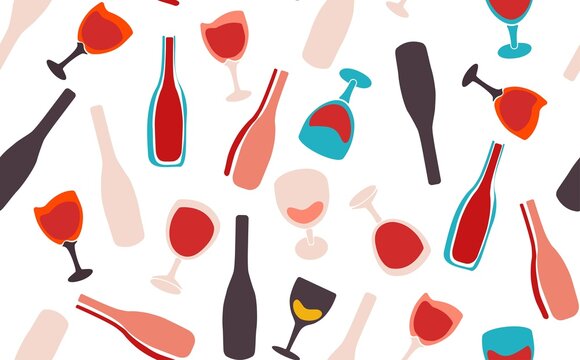 Seamless Vector Pattern with Wine Glasses and  Bottles isolated on Dark Background.