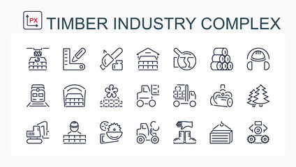 A set of vector illustrations, icons with a fine line of the forest industry. Logger. Timber industry equipment.