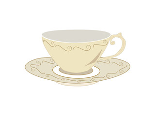 Sweet colorful kitchen household cutlery teacup and plate with spoon. Isolate on white background.Style vintage.