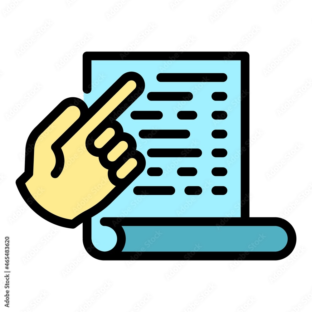 Poster document and hand icon. outline document and hand vector icon color flat isolated