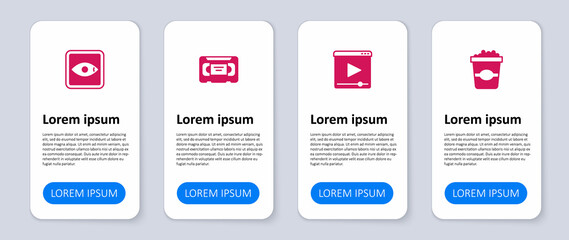 Set Popcorn in cardboard box, Online play video, VHS cassette tape and Rating movie. Business infographic template. Vector