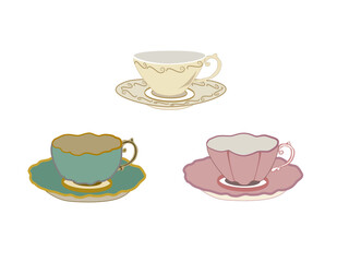 Sweet colorful kitchen household cutlery teacup and plate with spoon. Isolate on white background.Style vintage. Vector illustration.