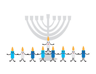 Cute Hanukkah candles with smiling face standing in front of Hanukkah menorah on White background